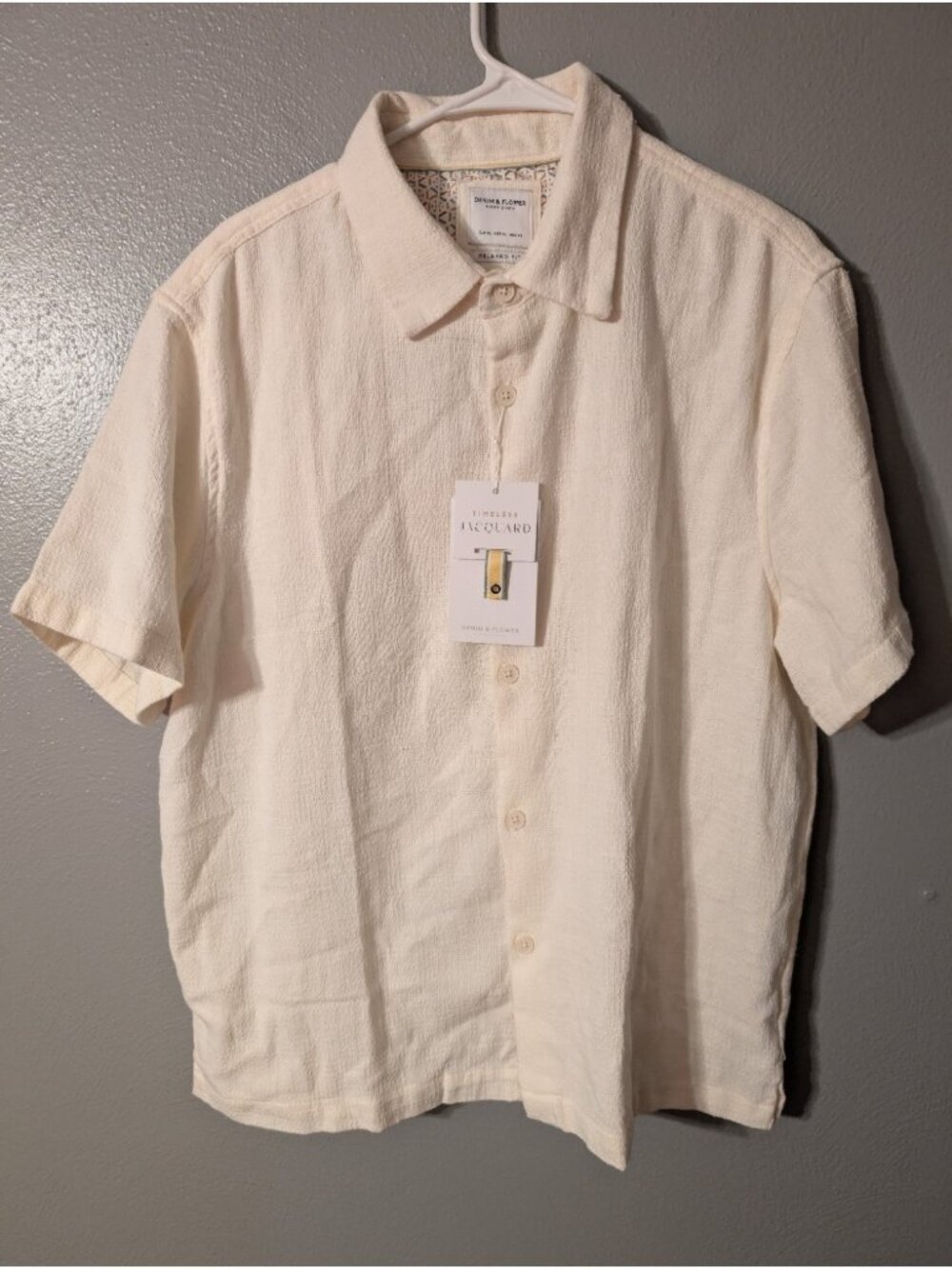 Denim & Flower Mens XL NWT Off White Textured Jacquard Short Sleeve Shirt Cream